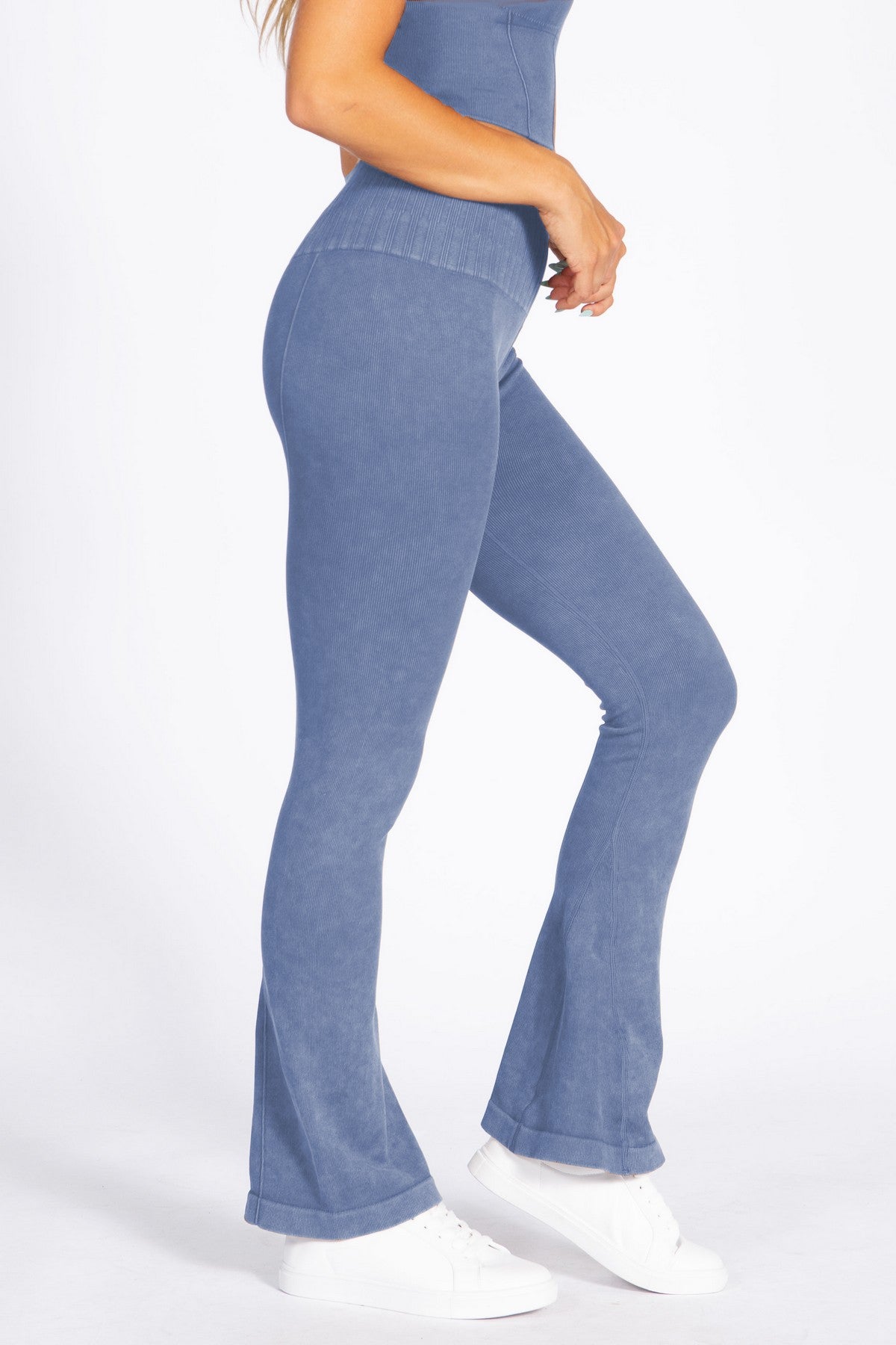 YELETE - Stone Washed Ribbed Yoga Pants (Denim Blue)