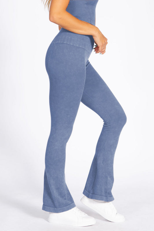 YELETE - Stone Washed Ribbed Yoga Pants (Denim Blue)