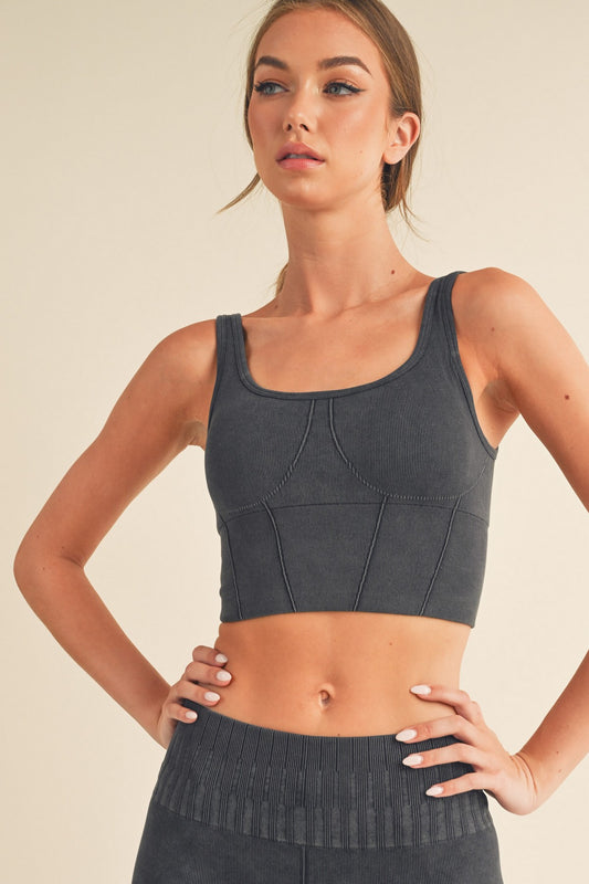 YELETE - Stone Washed Ribbed Sport Bra (Black)