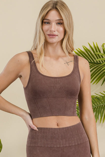 YELETE - Stone Washed Ribbed Sports Bra (Coffee)