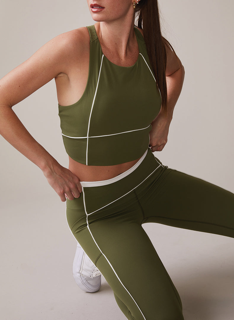Thrive Societe - High Neck Piped Bra - Deep Olive