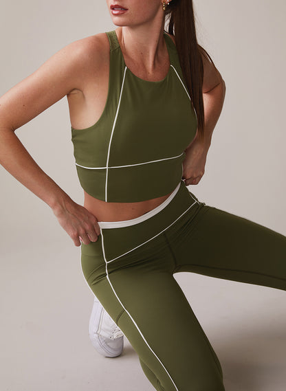 Thrive Societe - High Neck Piped Bra - Deep Olive