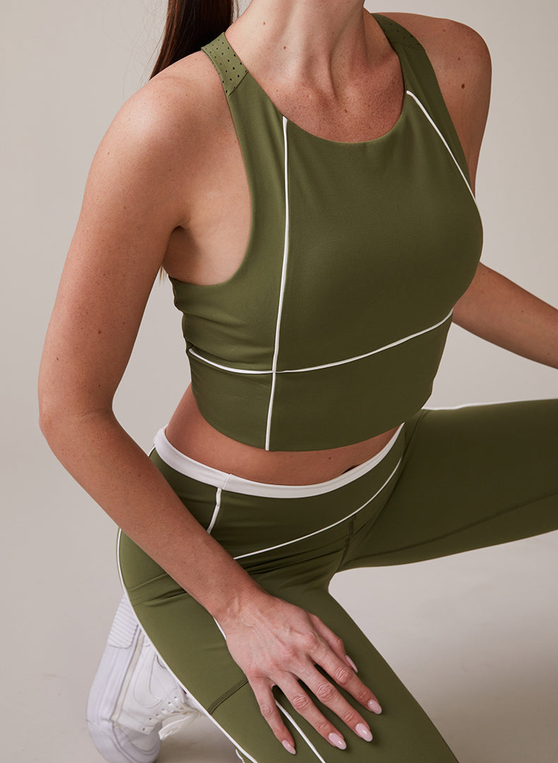 Thrive Societe - High Neck Piped Bra - Deep Olive