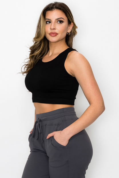 YELETE - Ribbed High Neck Cropped Tank Top (Black)