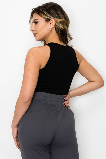 YELETE - Ribbed High Neck Cropped Tank Top (Black)