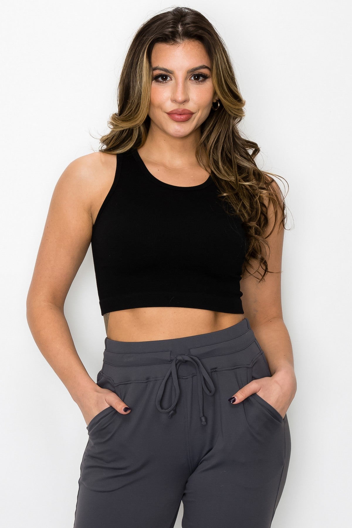 YELETE - Ribbed High Neck Cropped Tank Top (Black)