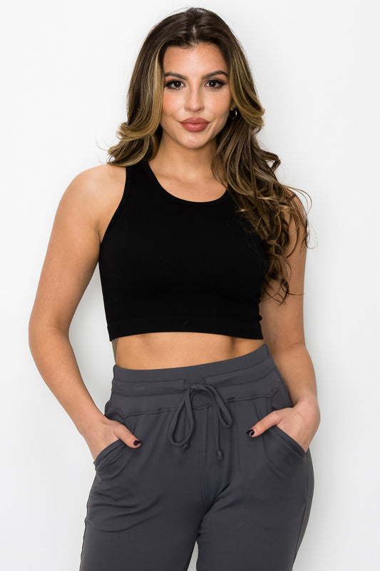 YELETE - Ribbed High Neck Cropped Tank Top (Black)