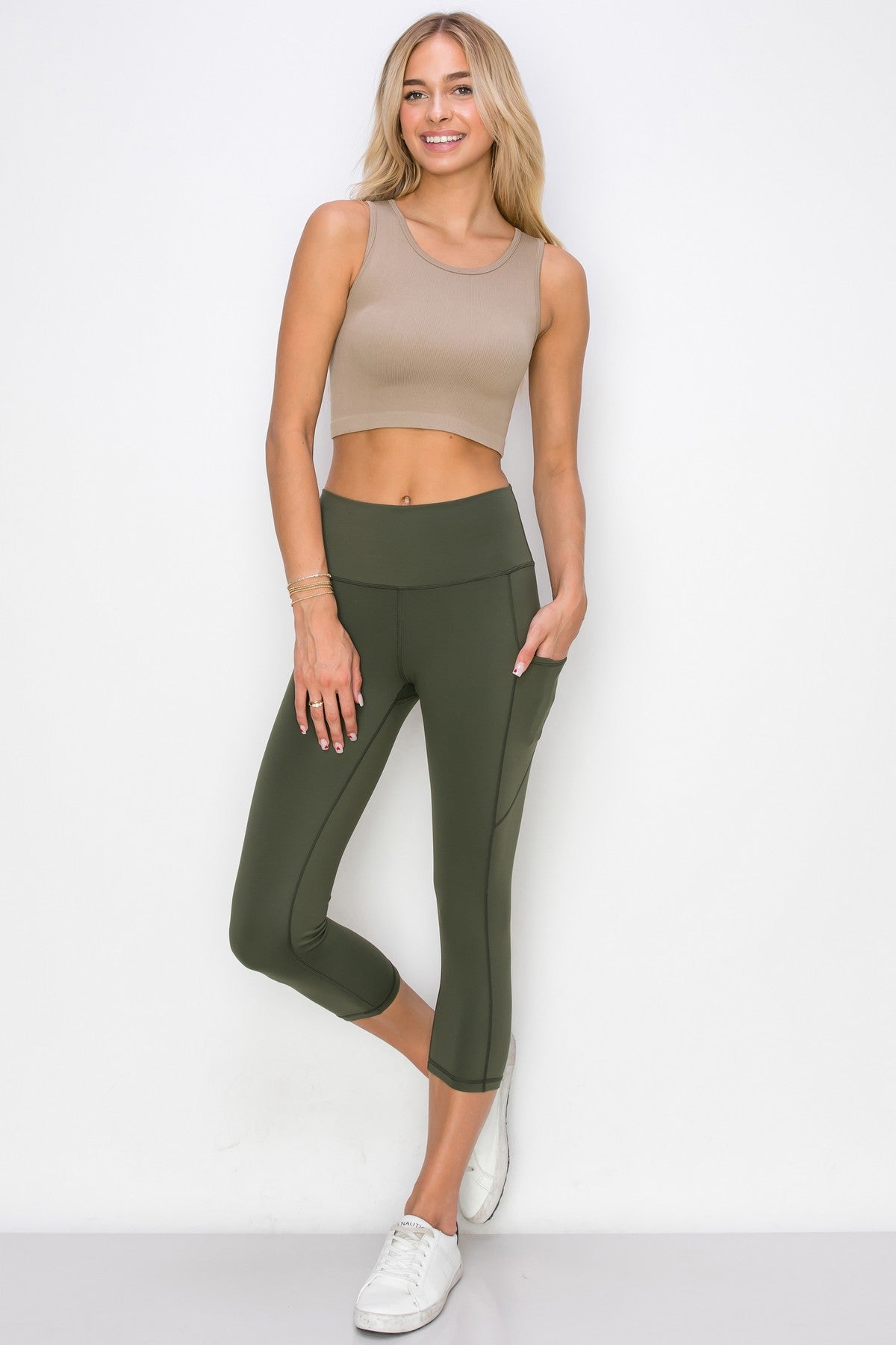 YELETE - Ribbed High Neck Cropped Tank Top (Camel)