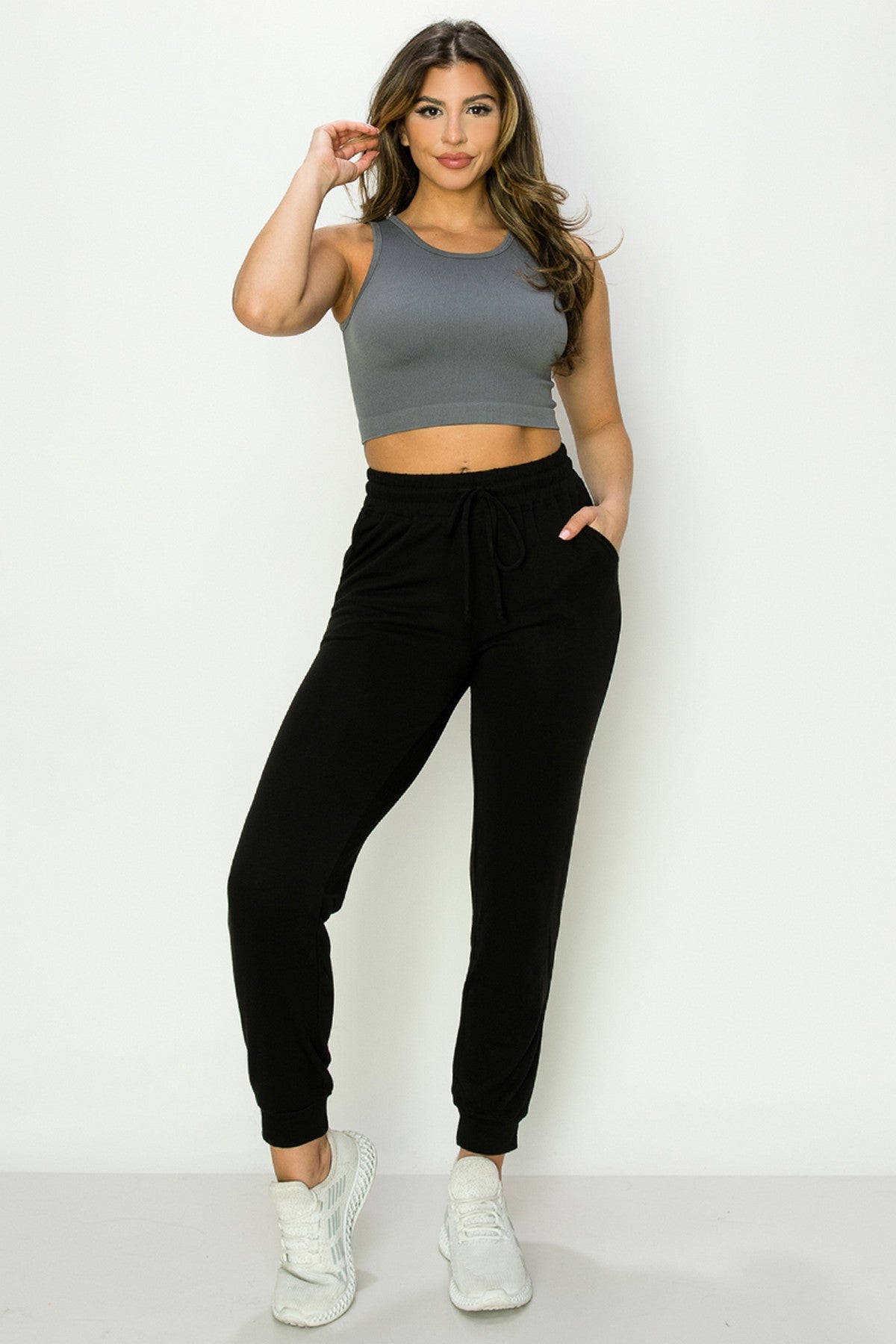 YELETE - Ribbed High Neck Cropped Tank Top (Charcoal)
